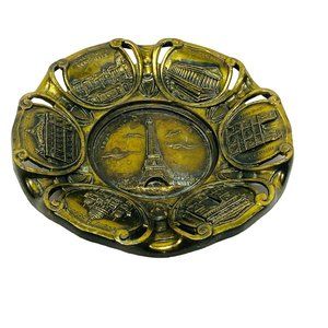 Vintage Paris France Brass Heavy Souvenir Plate Ashtray Eiffel Tower Landmarks